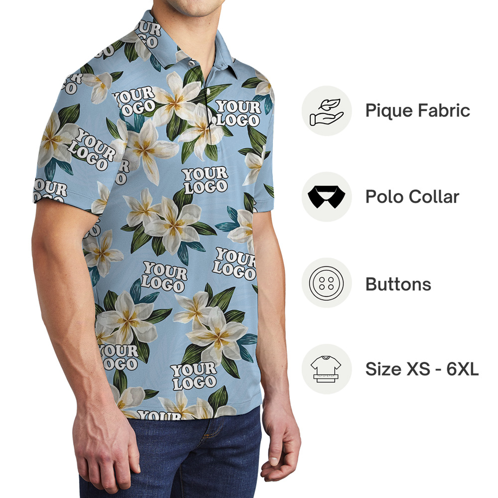 Custom Logo Blue Plumeria Pattern Polo Shirt