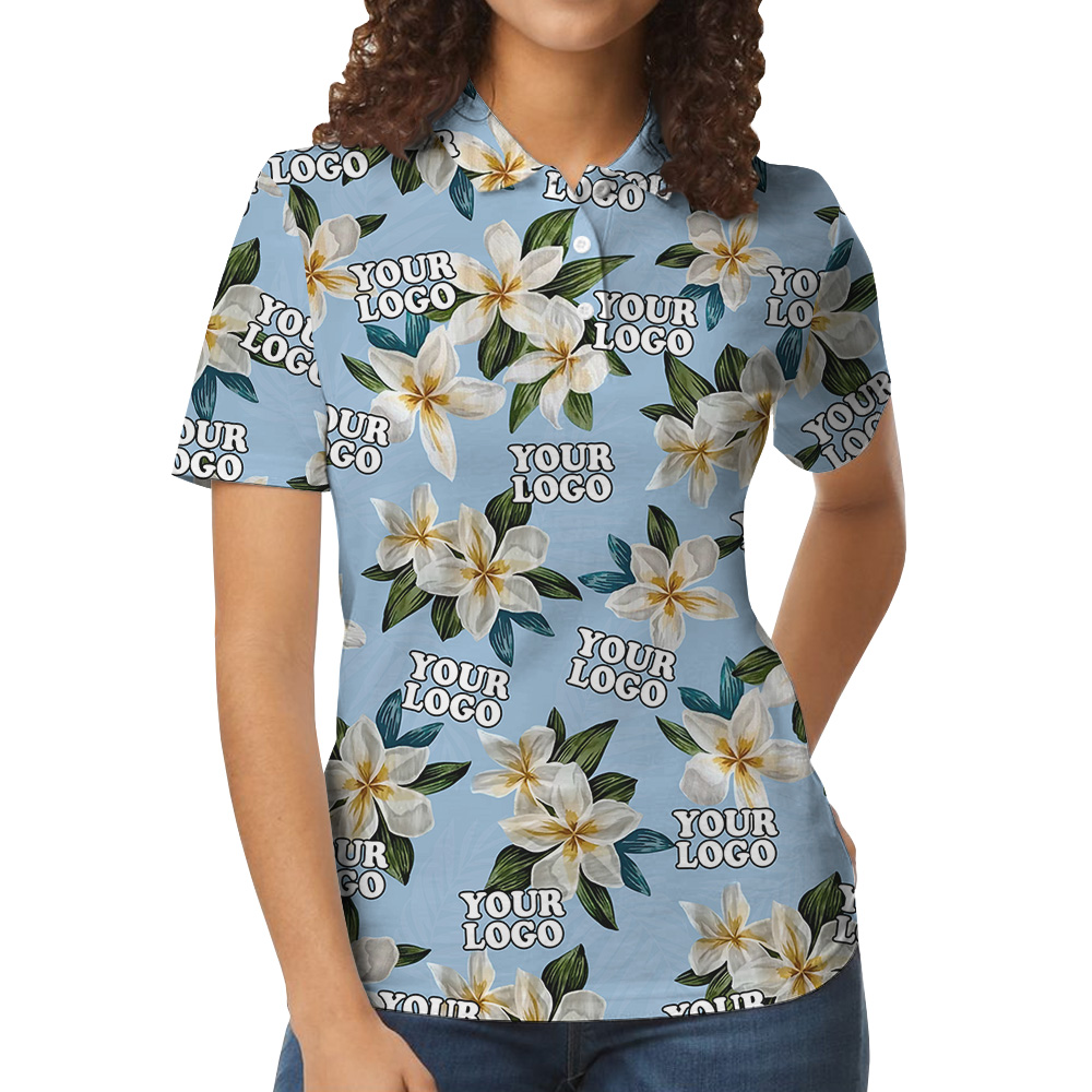 Custom Logo Blue Plumeria Pattern Polo Shirt