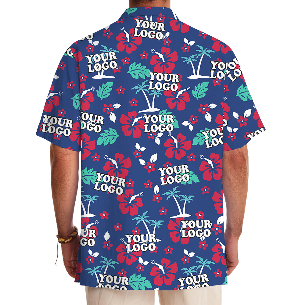 Hawaiian Shirt Navy Custom Logo Tropical Floral Pattern