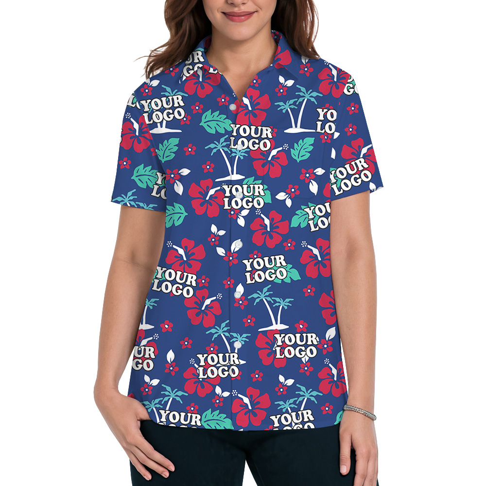 Hawaiian Shirt Navy Custom Logo Tropical Floral Pattern