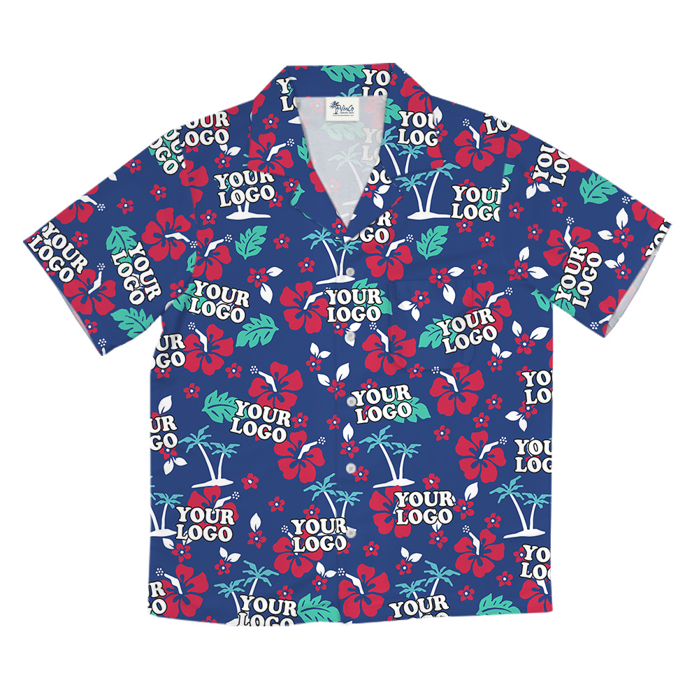 Hawaiian Shirt Navy Custom Logo Tropical Floral Pattern