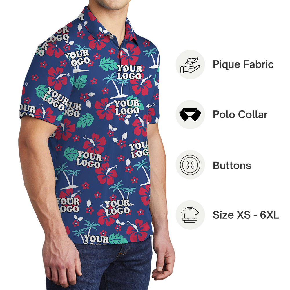 Polo Shirt Navy Custom Logo Tropical Floral Pattern