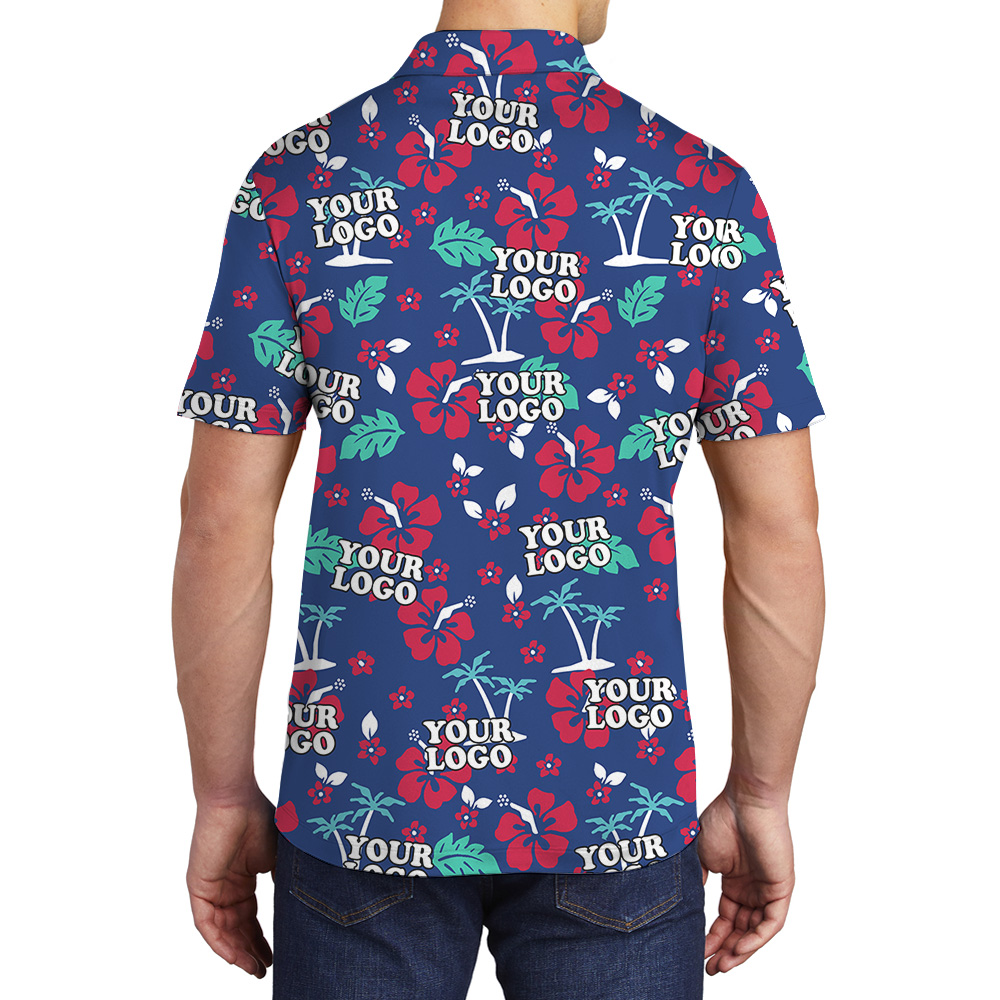 Polo Shirt Navy Custom Logo Tropical Floral Pattern