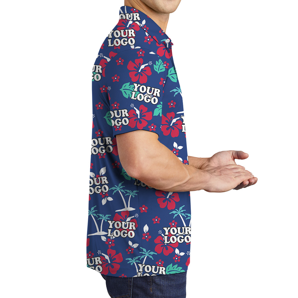 Polo Shirt Navy Custom Logo Tropical Floral Pattern