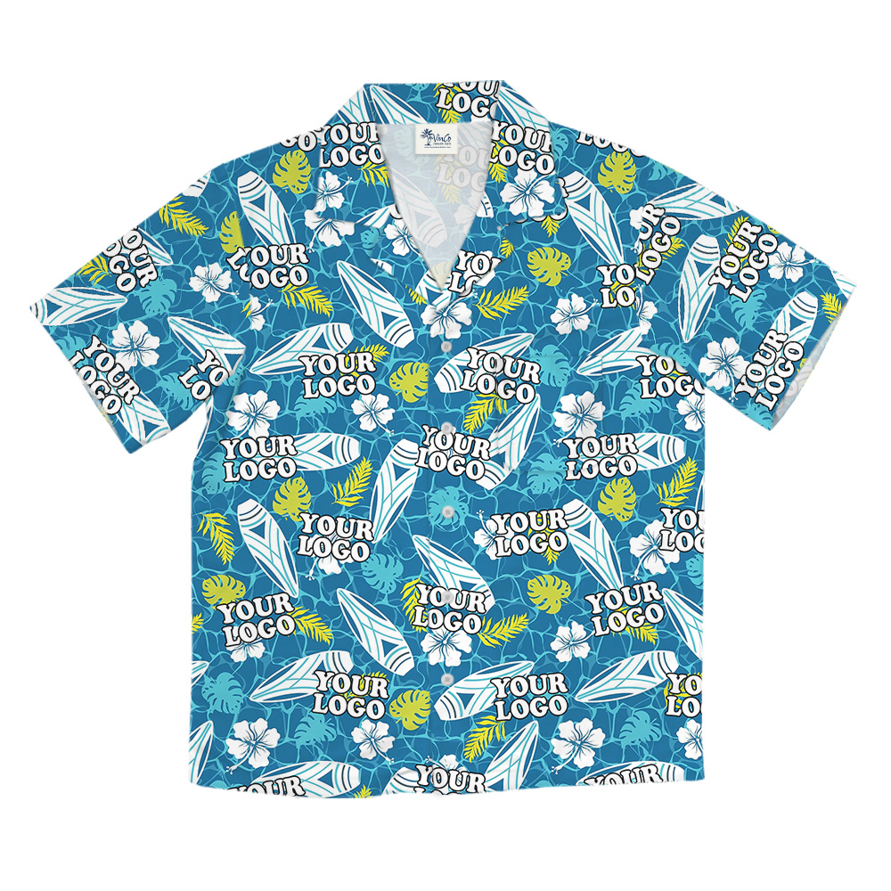 Blue Surfboards And Tropical Leaves Custom Logo Hawaiian Shirt