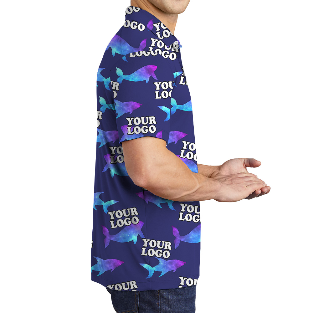 Navy Custom Logo Polo Shirt With Hologram Shark Print