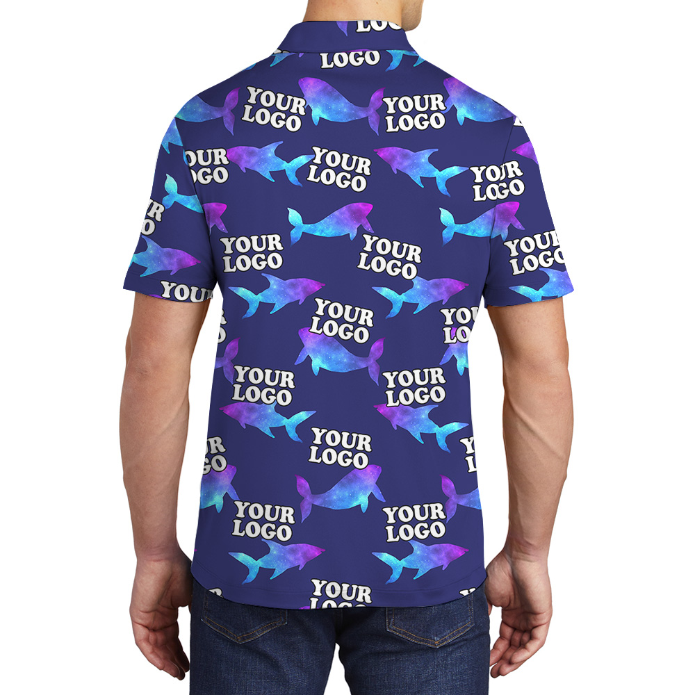Navy Custom Logo Polo Shirt With Hologram Shark Print