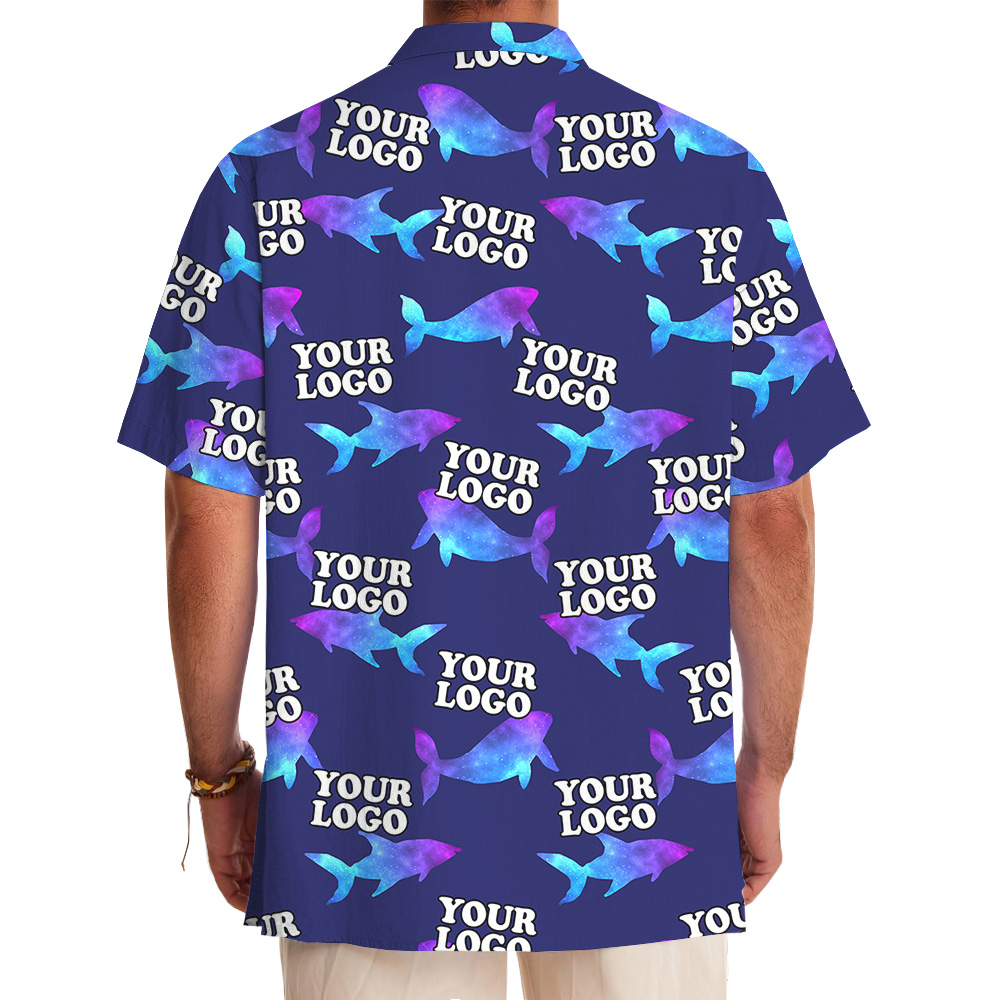 Navy Custom Logo Hawaiian Shirt With Hologram Shark Print
