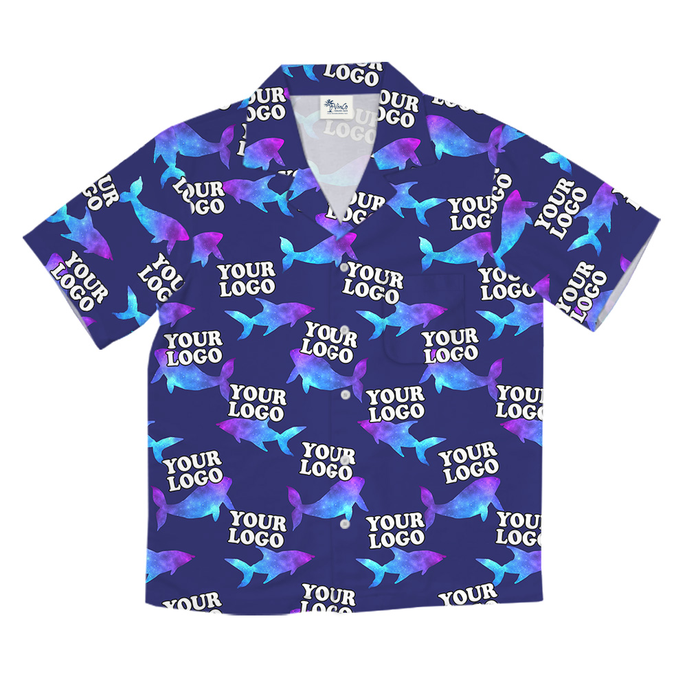Navy Custom Logo Hawaiian Shirt With Hologram Shark Print