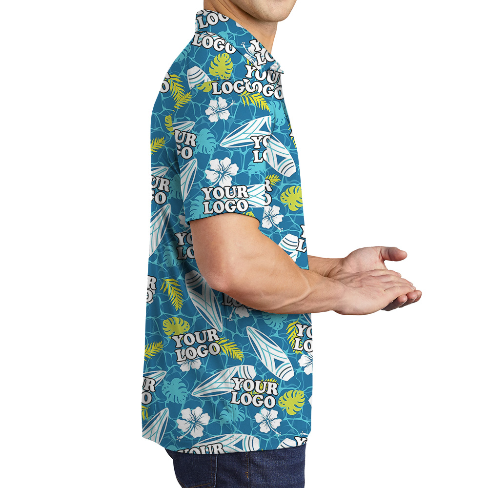 Blue Custom Logo Surfboards And Tropical Leaves Polo Shirt