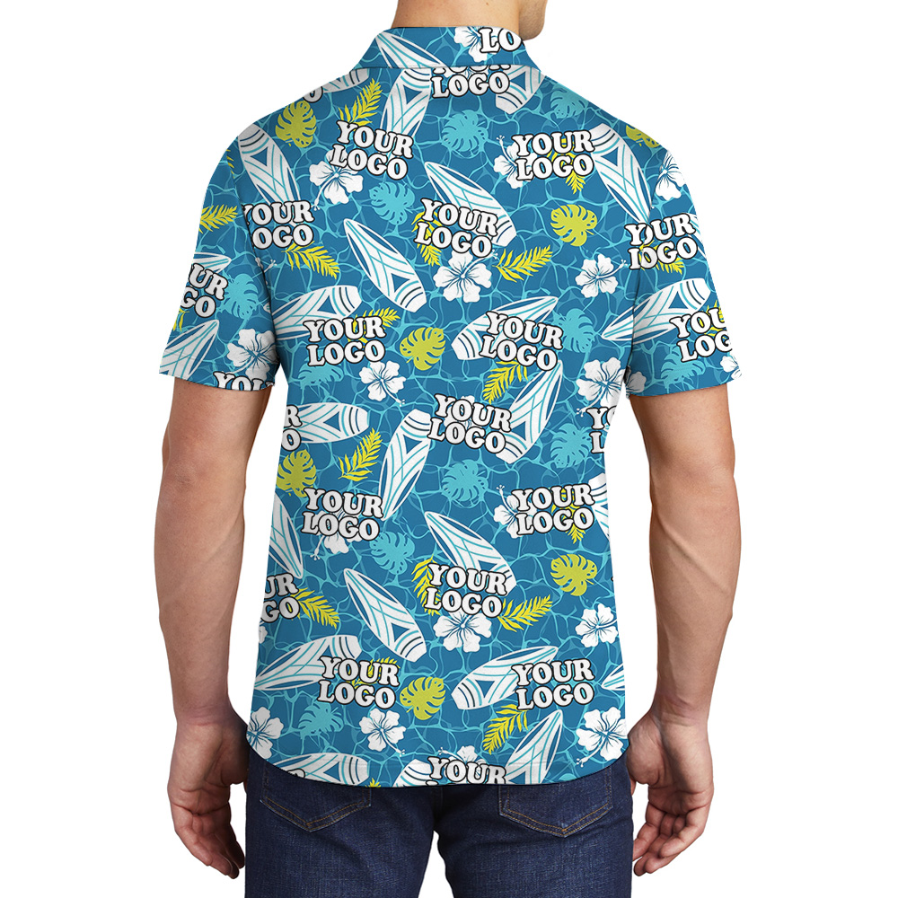 Blue Custom Logo Surfboards And Tropical Leaves Polo Shirt