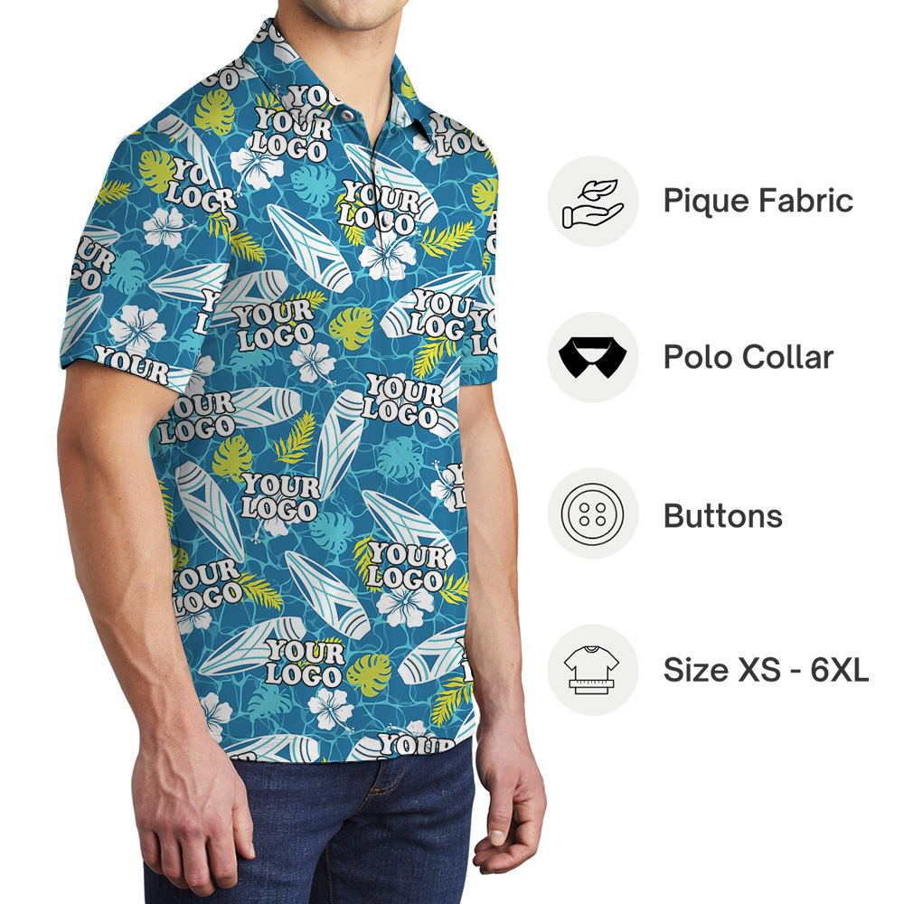 Blue Custom Logo Surfboards And Tropical Leaves Polo Shirt