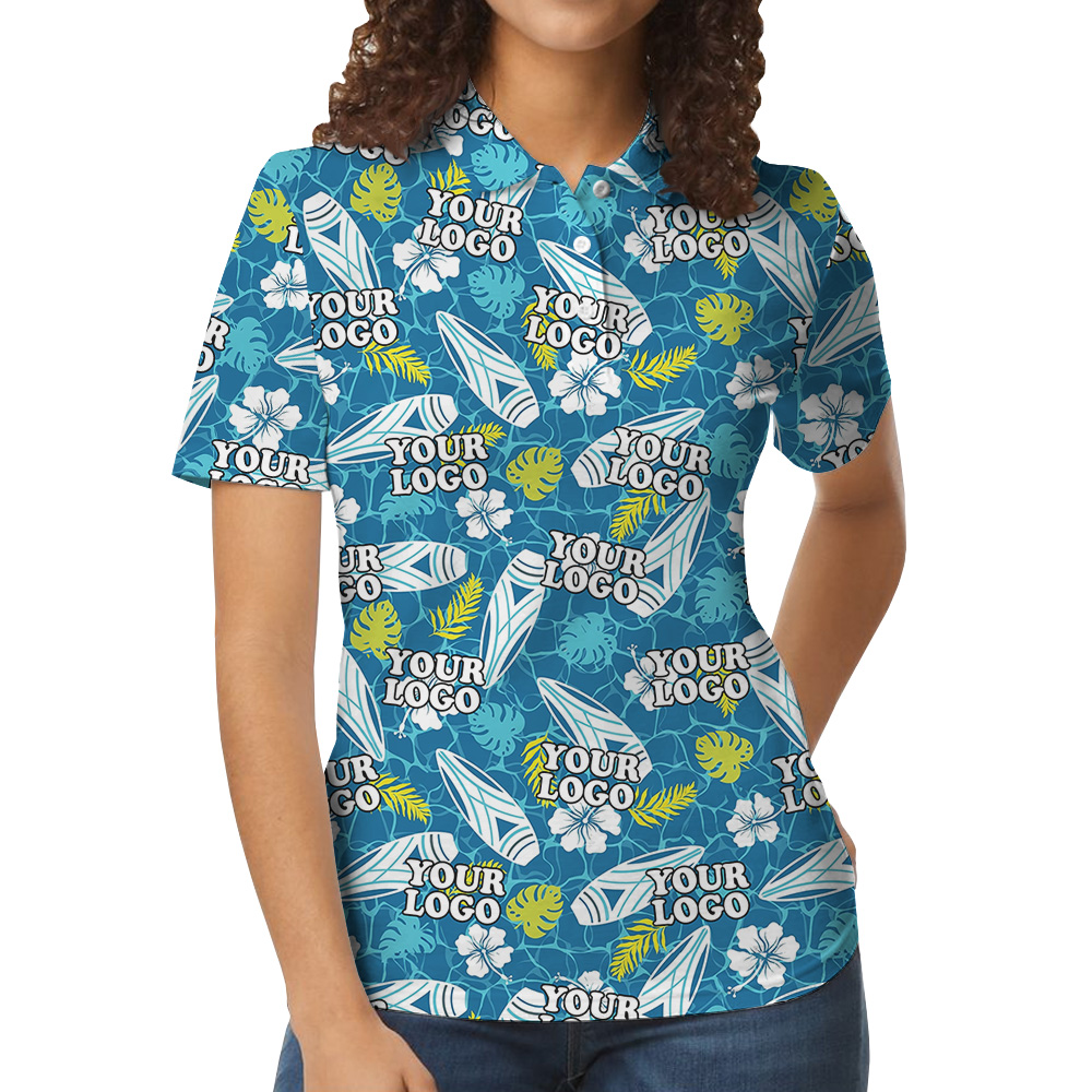 Blue Custom Logo Surfboards And Tropical Leaves Polo Shirt