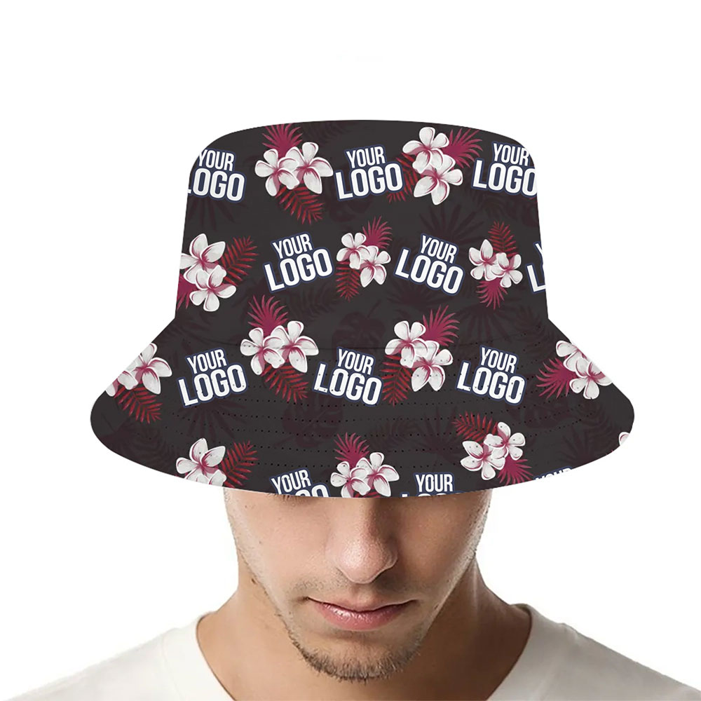 [Live Preview] Plumeria With Red Palm Leaf Custom Logo Bucket Hat - variant image 1