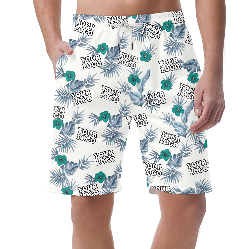[Live Preview] Custom Logo White Tropical Foliage Shorts - variant image 1