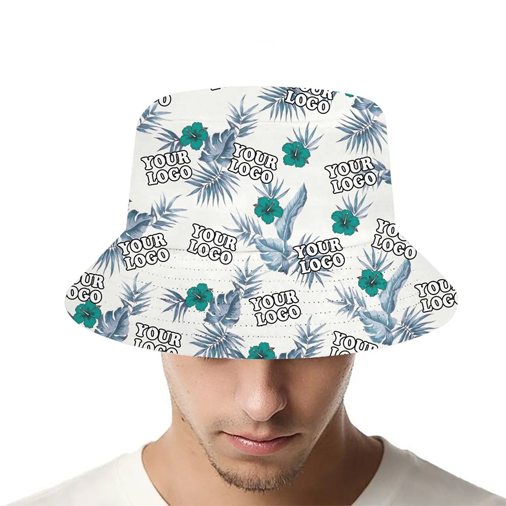 [Live Preview] Custom Logo White Tropical Foliage Bucket Hat - variant image 1