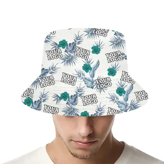 [Live Preview] Custom Logo White Tropical Foliage Bucket Hat