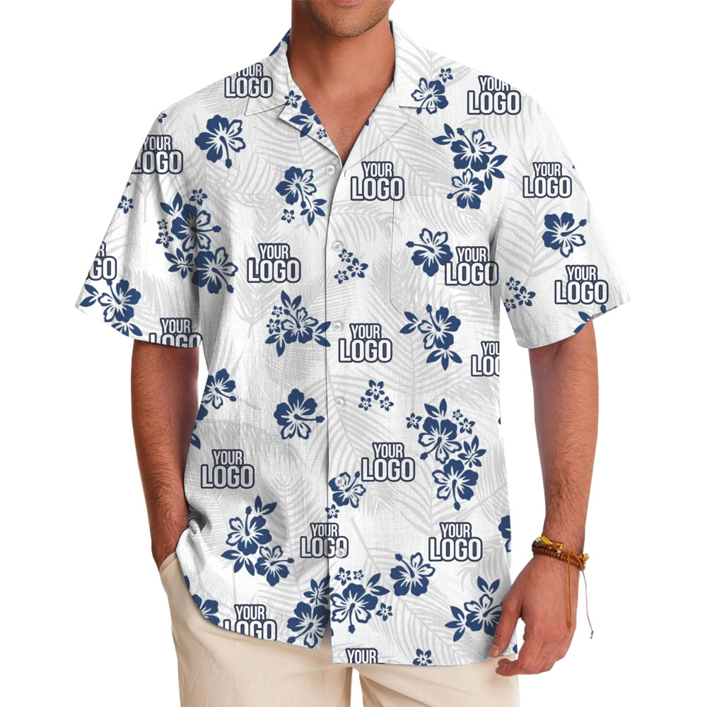 White And Navy Custom Logo Hawaiian Shirt With Preview - variant image 1