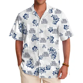 White And Navy Custom Logo Hawaiian Shirt With Preview