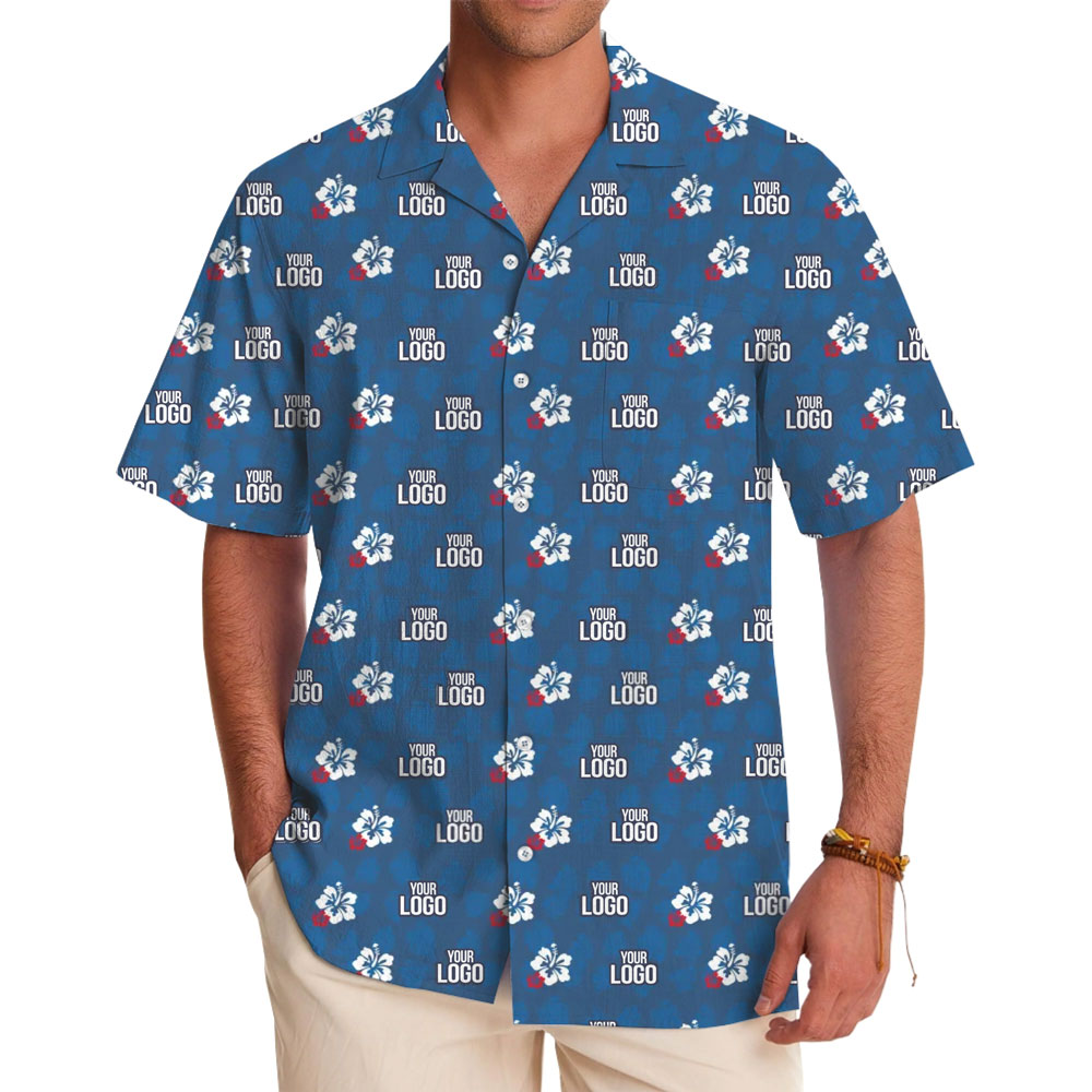 [Live Preview] Blue Navy Custom Logo With Small Hibiscus Hawaiian Shirt - variant image 1