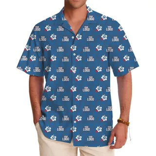 [Live Preview] Blue Navy Custom Logo With Small Hibiscus Hawaiian Shirt