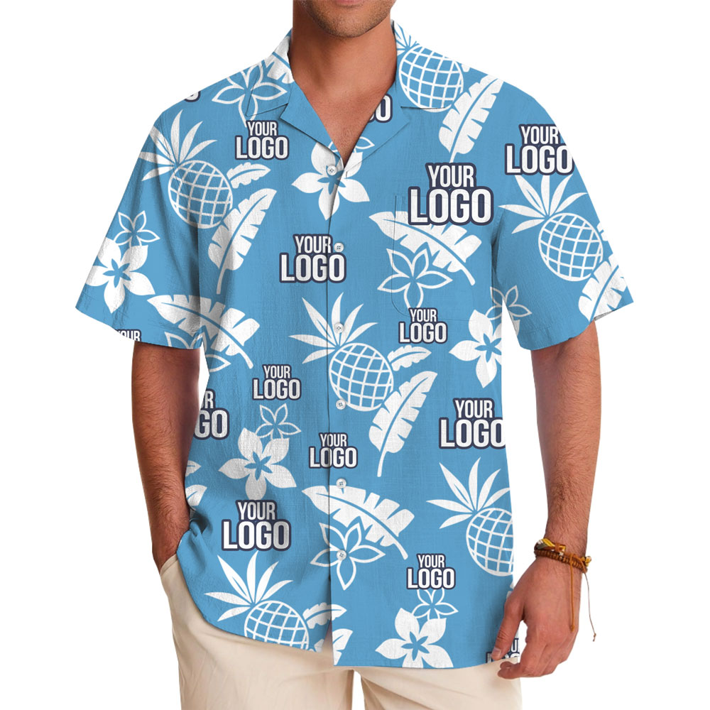[Live Preview] Blue Tropical Pattern Custom Logo Hawaiian Shirt - variant image 1