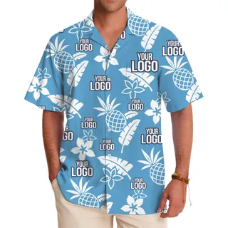 [Live Preview] Blue Tropical Pattern Custom Logo Hawaiian Shirt