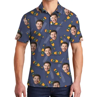 Blue Custom Face With Beer Polo Shirt