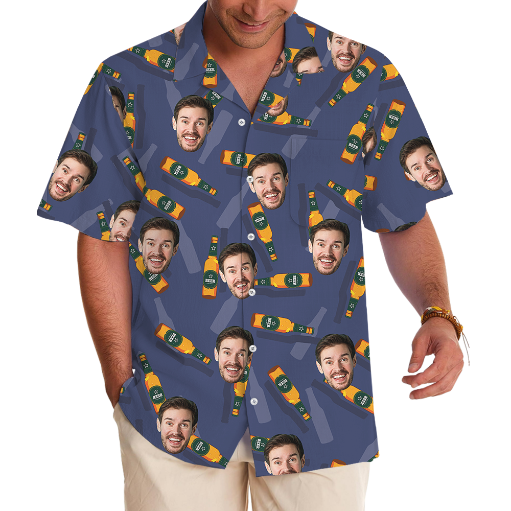 Blue Custom Face With Beer Hawaiian Shirt - variant image 1