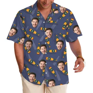 Blue Custom Face With Beer Hawaiian Shirt