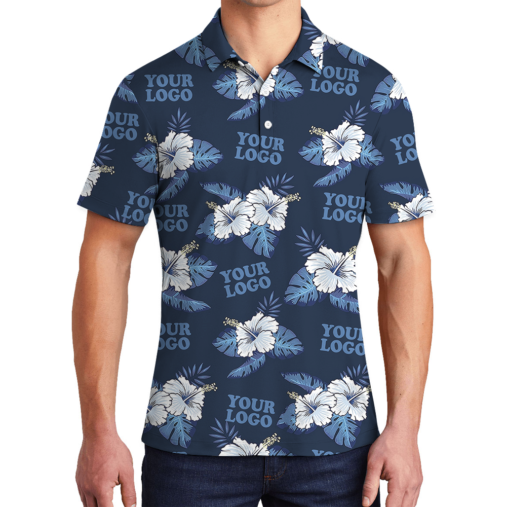 Custom Logo Blue Polo Shirt With Hibiscus Pattern - variant image 1