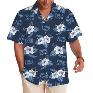 Custom Logo Blue Hawaiian Shirt With Hibiscus Pattern
