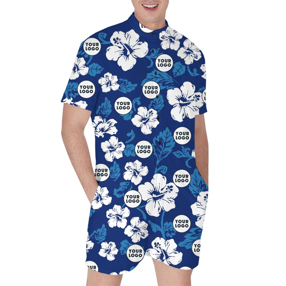 [Live Preview] Custom Logo Navy Hibiscus Print Romper - variant image 1