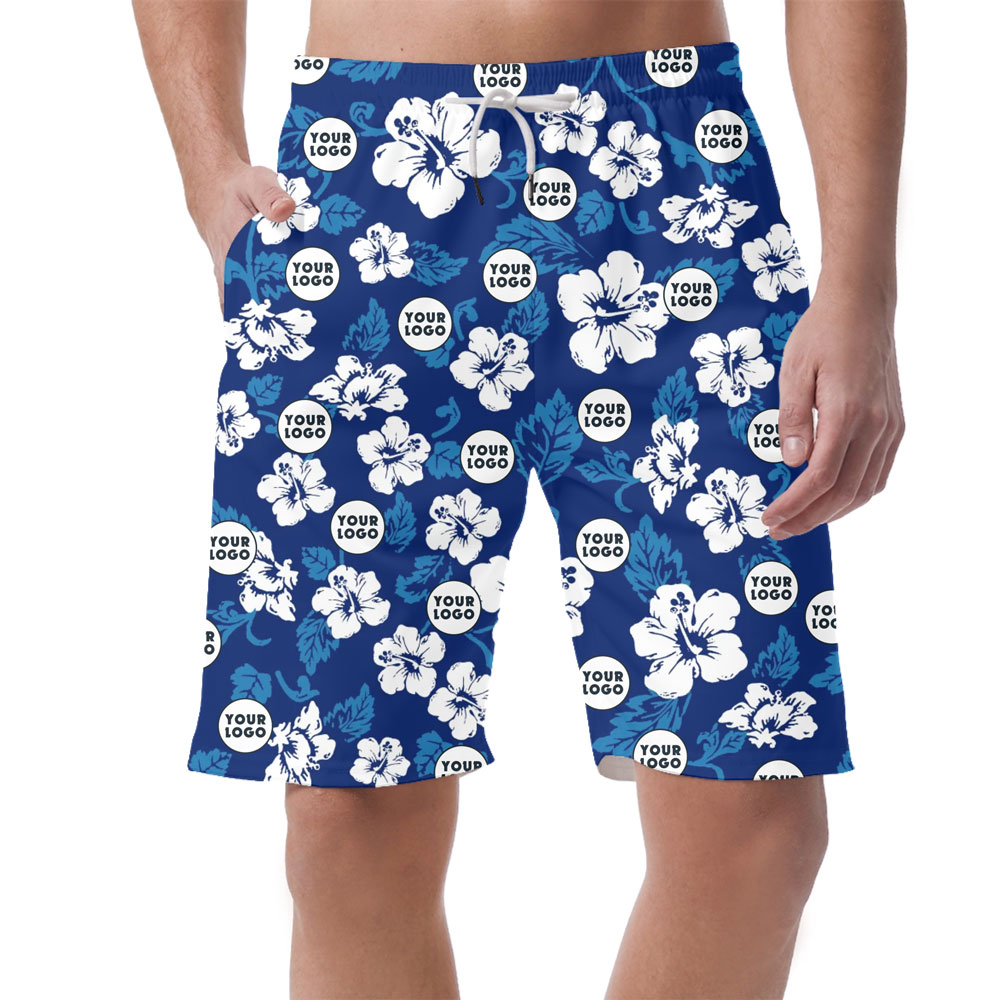 [Live Preview] Custom Logo Navy Hibiscus Print Shorts - variant image 1