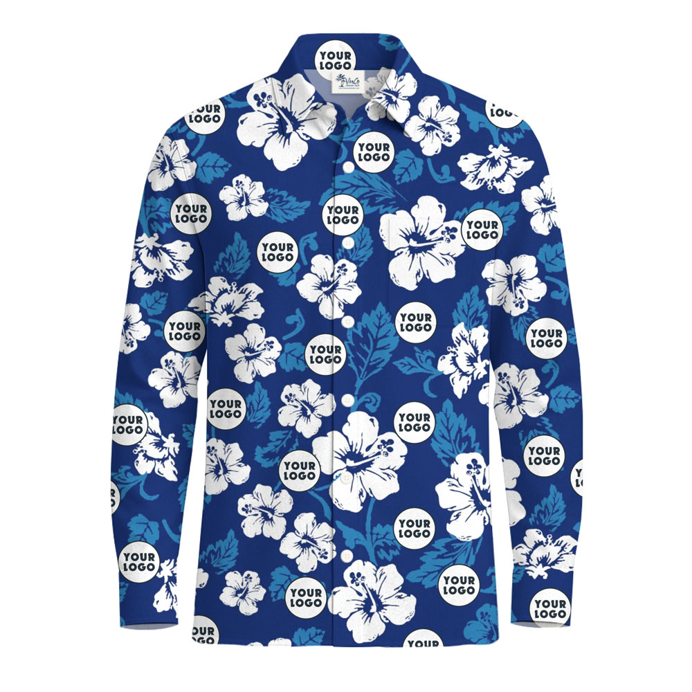 [Live Preview] Custom Logo Navy Hibiscus Print Long Sleeve Shirts - variant image 1