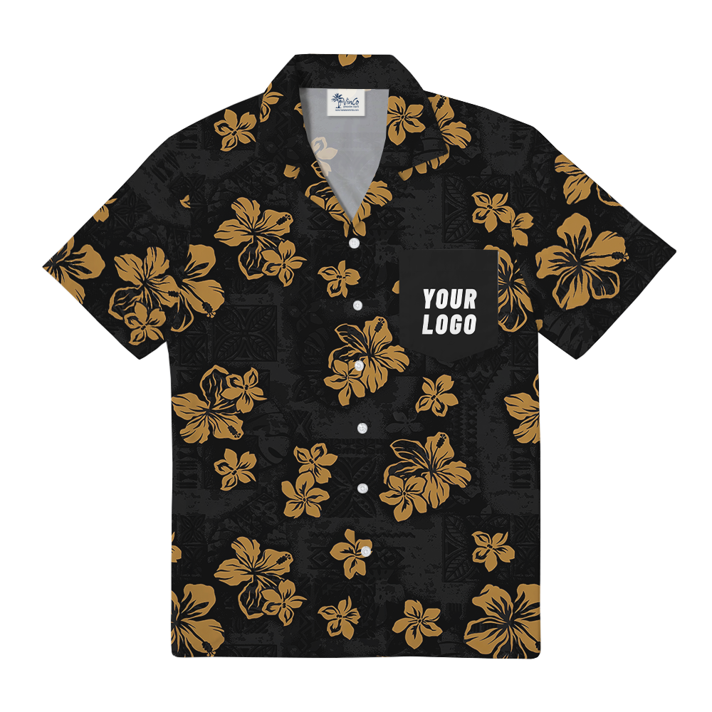 Custom Logo Pocket Hawaiian Shirt in Black Floral Print - variant image 1