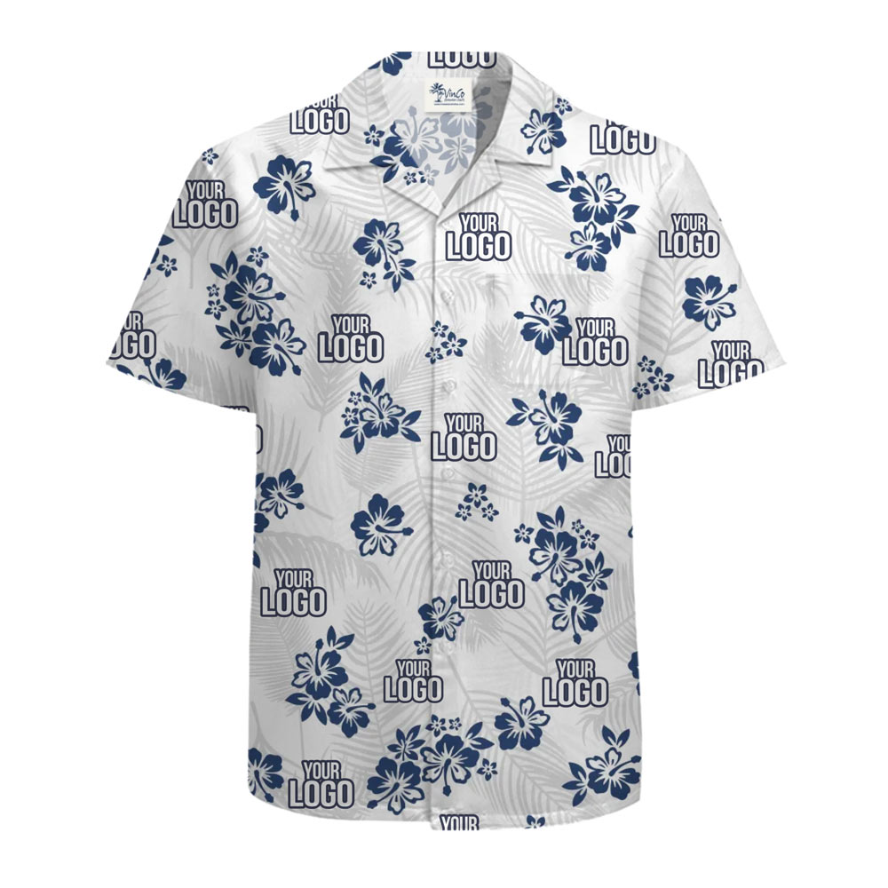White And Navy Custom Logo Hawaiian Shirt With Preview
