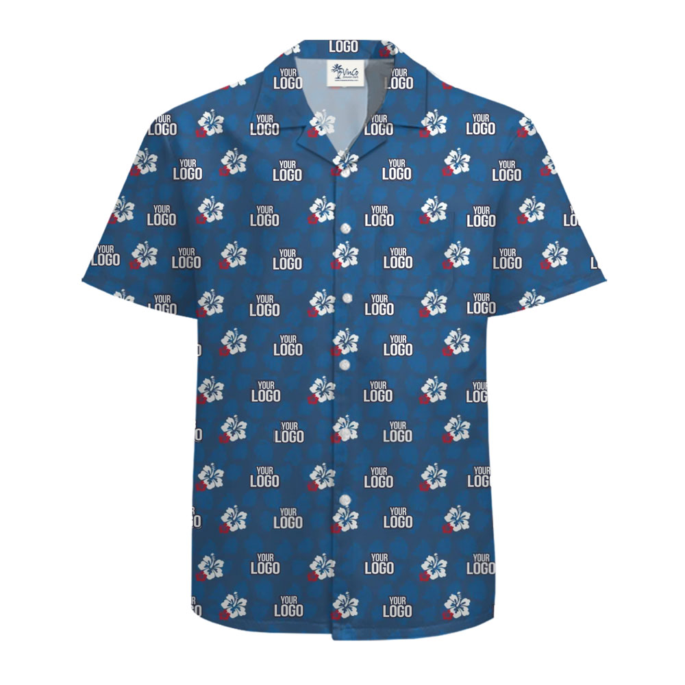 [Live Preview] Blue Navy Custom Logo With Small Hibiscus Hawaiian Shirt