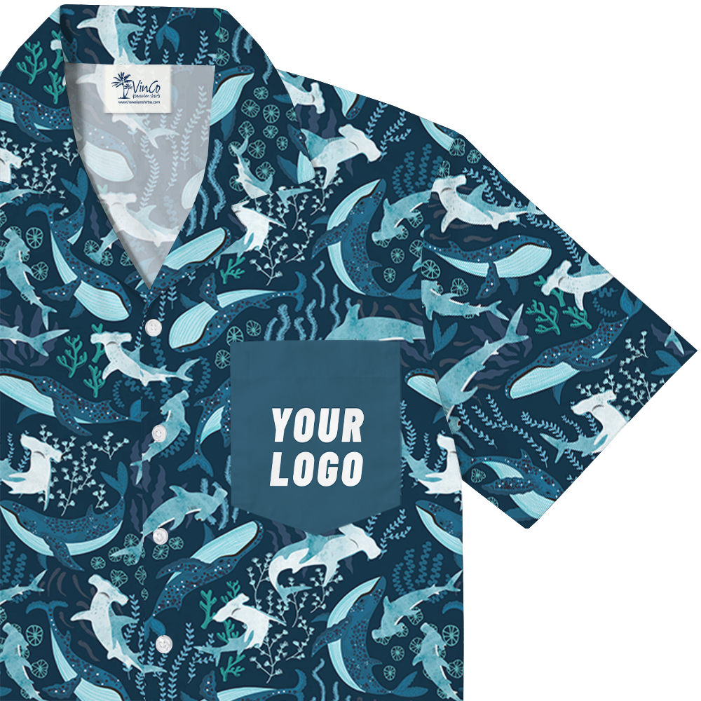 Custom Logo Pocket Hawaiian Shirt with Ocean Life Design