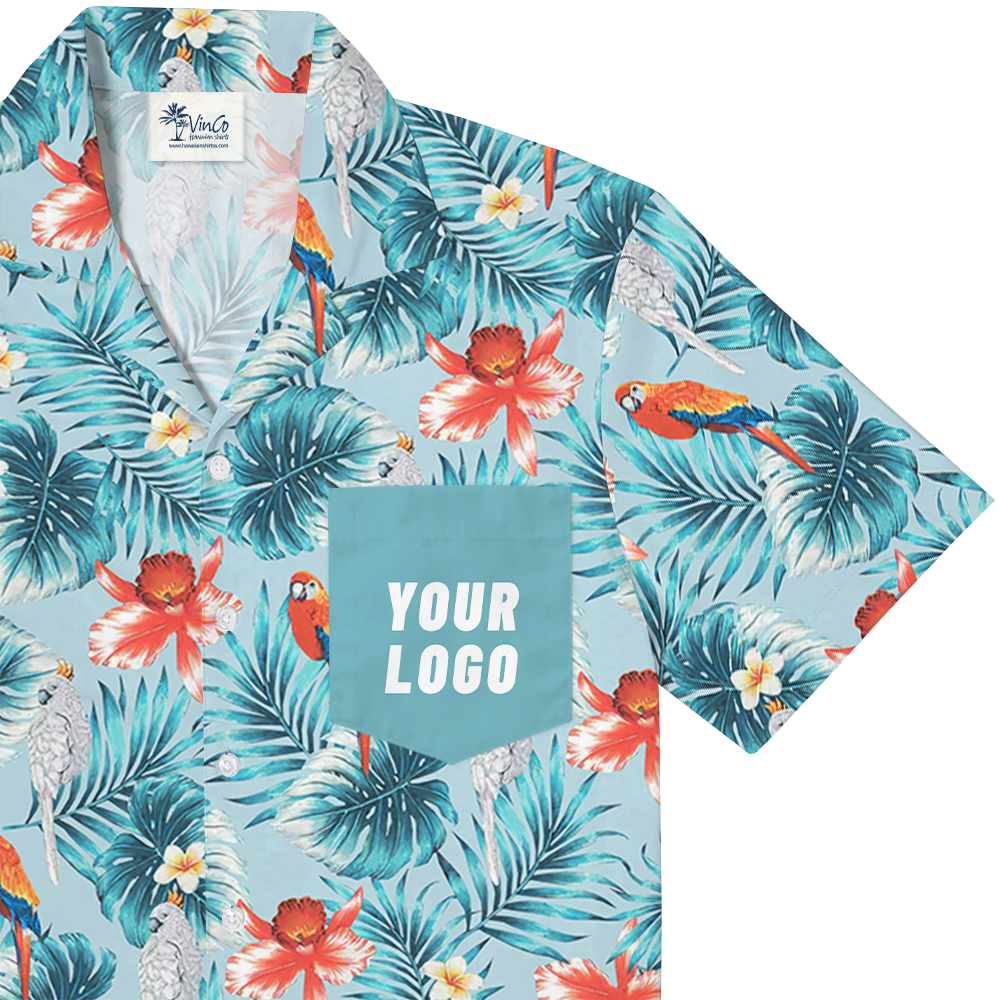 Custom Logo Pocket Hawaiian Shirt with Tropical Parrot Design
