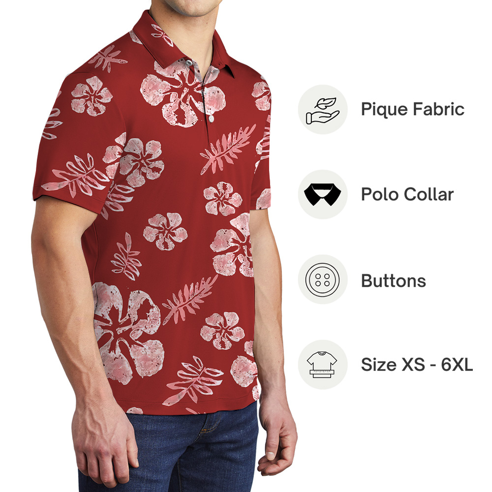 Tropical Custom Logo Red Hibiscus Polo Shirt