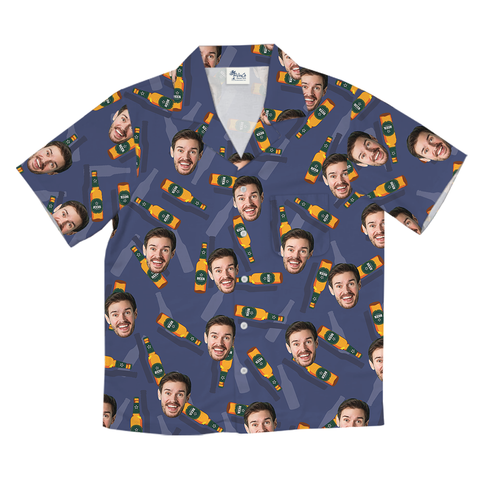 Blue Custom Face With Beer Hawaiian Shirt