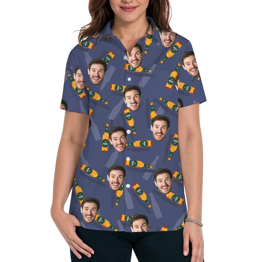 Blue Custom Face With Beer Hawaiian Shirt