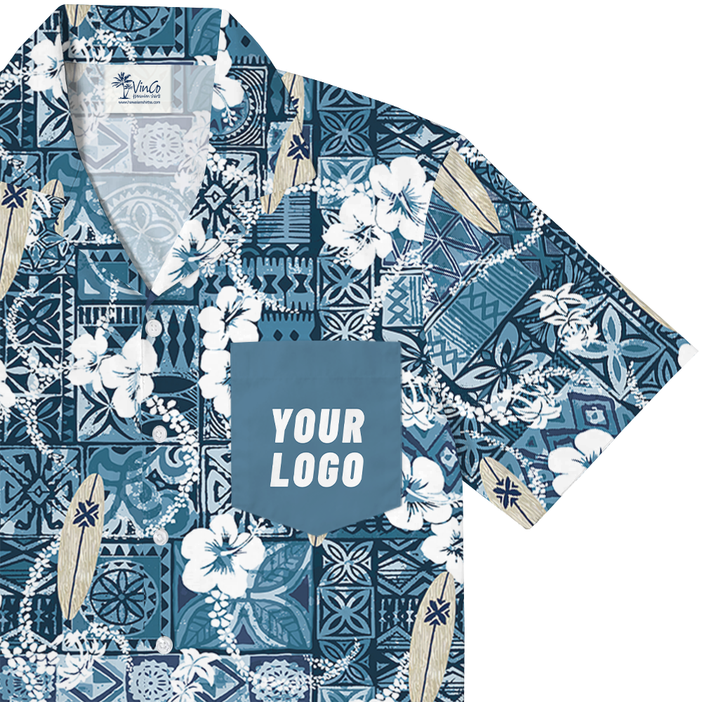 Custom Logo Pocket Hawaiian Shirt with Blue Surf Design