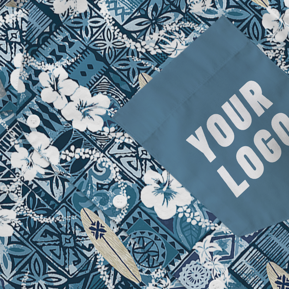 Custom Logo Pocket Hawaiian Shirt with Blue Surf Design