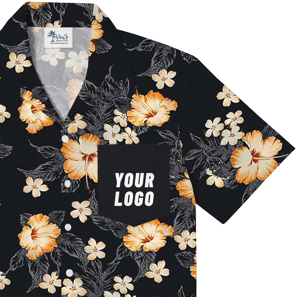 Custom Logo Pocket Hawaiian Shirt with Black Floral Design