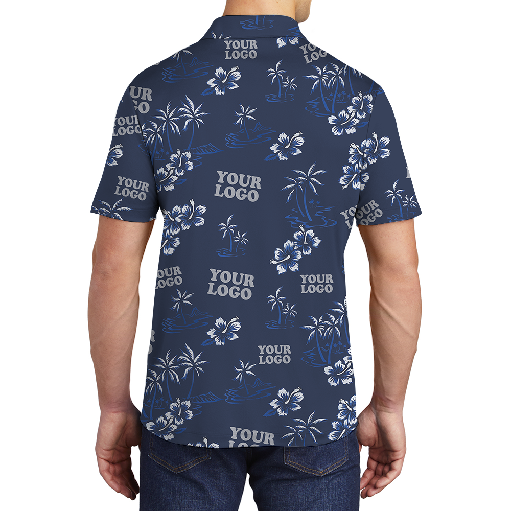 Navy Custom Logo Palm Tree And Hibiscus Polo Shirt