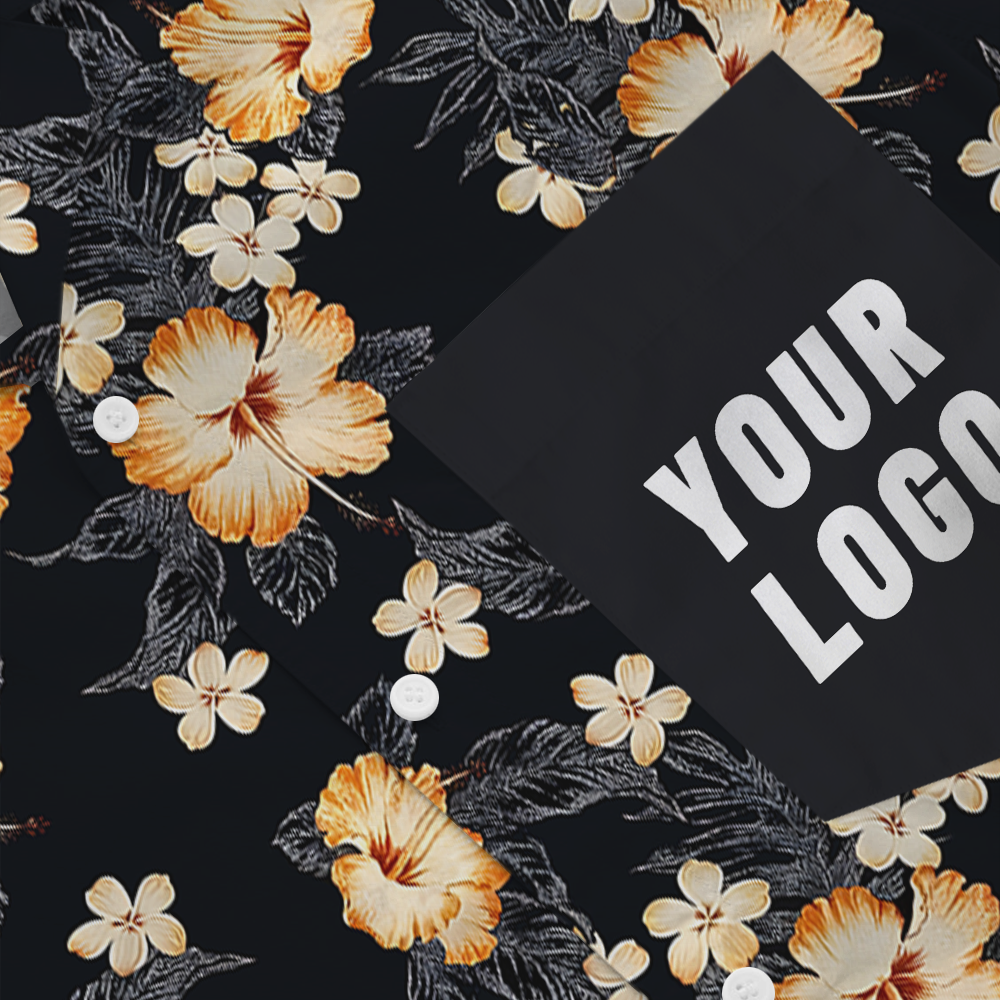 Custom Logo Pocket Hawaiian Shirt with Black Floral Design