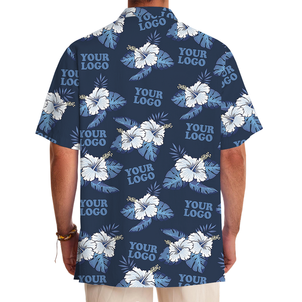 Custom Logo Blue Hawaiian Shirt With Hibiscus Pattern