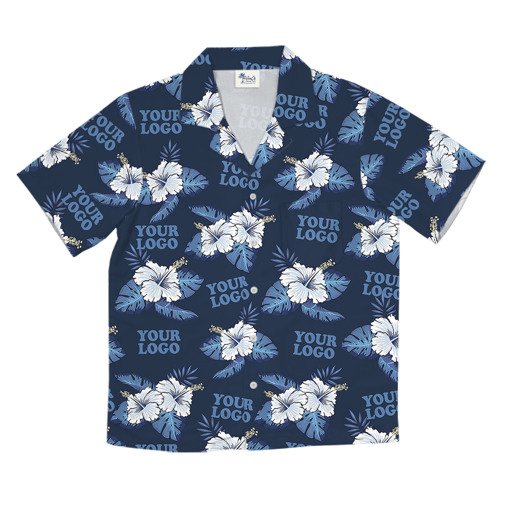 Custom Logo Blue Hawaiian Shirt With Hibiscus Pattern